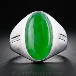 Oval Jade Cabochon and Diamond Ring  - 1