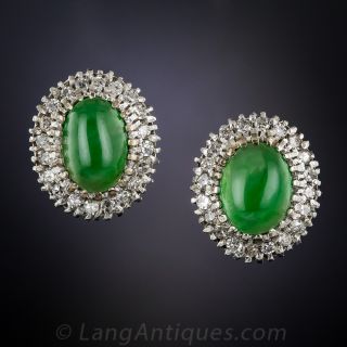 Vintage Natural Jade and Diamond Halo Earrings - 1