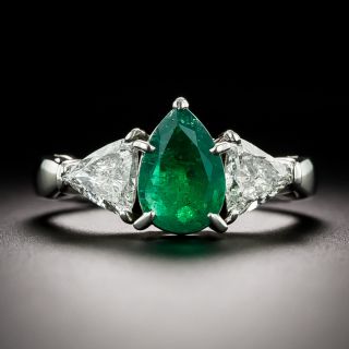 Pear-Shaped 1.16 Carat Emerald and Diamond Three-Stone Ring - 2
