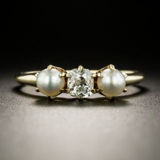 Petite Victorian Diamond and Natural Pearl Three-Stone Ring - 2