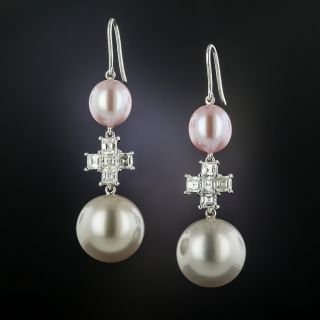 Pink and Silver Pearl with Diamond Drop Earrings  - 3