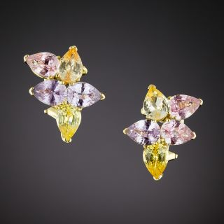Pink and Yellow Sapphire Starburst Cluster Earrings - 1
