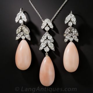 Pink Coral and Diamond Necklace and Earring Set - 1