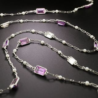 Pink Sapphire, Diamond and Pearl Long Chain Necklace - 2