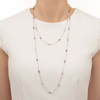 Pink Sapphire, Diamond and Pearl Long Chain Necklace