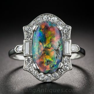 Platinum Black Opal and Diamond Art Deco Ring