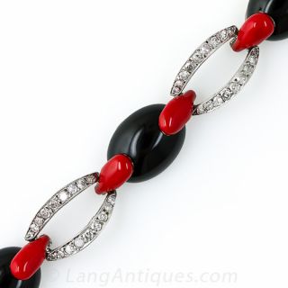 Platinum Diamond Black Onyx and Red Enamel Art Deco Bracelet - 1