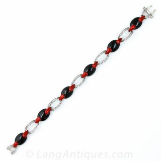 Platinum Diamond Black Onyx and Red Enamel Art Deco Bracelet