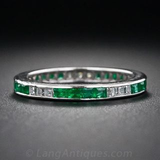 Platinum Emerald and Diamond Wedding Band - Size 3 3/4