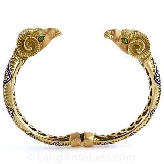 Ram's Head Enameled Gold Bangle Bracelet