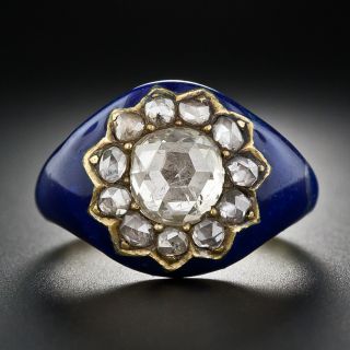 Rare Georgian 1 ct Rose-Cut Diamond and Blue Enamel Ring - Size 8 - 5