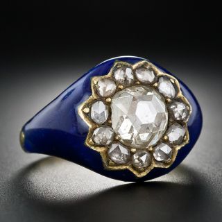 Rare Georgian 1 ct Rose-Cut Diamond and Blue Enamel Ring - Size 8