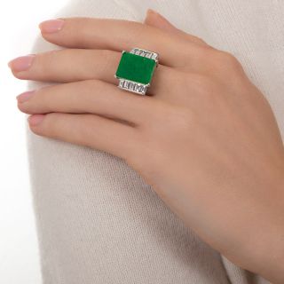 Rectangular Natural Burmese Jade and Diamond Ring