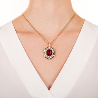 Red Tourmaline, Diamond and Emerald Necklace