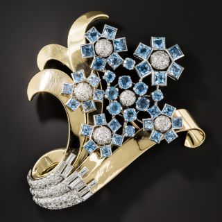 Retro Aquamarine and Diamond Flower Brooch, French Import - 1