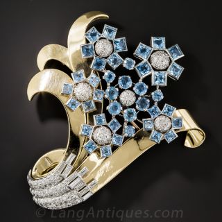 Retro Aquamarine and Diamond Flower Brooch - 2