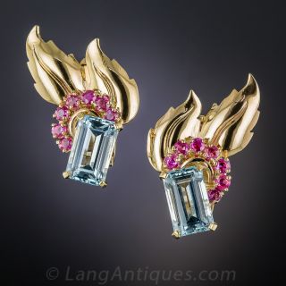 Retro Aquamarine and Ruby Earrings - 1