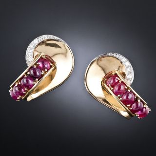 Retro Cabochon Ruby and Diamond Earrings - 4