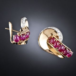 Retro Cabochon Ruby and Diamond Earrings