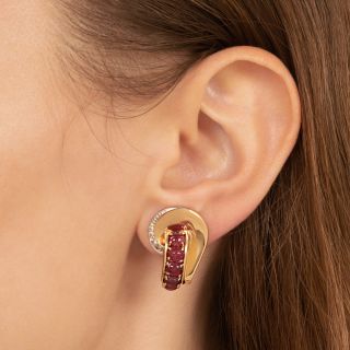 Retro Cabochon Ruby and Diamond Earrings