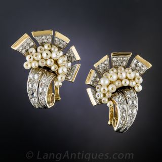 Retro Diamond and Natural Seed Pearl Earclips - 2