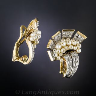 Retro Diamond and Natural Seed Pearl Earclips