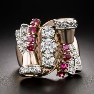 Retro Diamond And Ruby Rose Gold Ring, Size 4 1/2 - 1