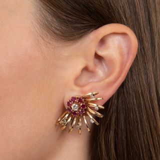 Retro Diamond and Ruby Spiral Earrings
