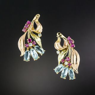 Retro Diamond, Aqua and Ruby Cluster Earrings - 1