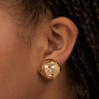 Retro Domed Ruby and Diamond Earrings 