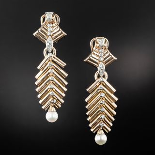Retro Feather Motif Diamond and Pearl Drop Earrings - 2