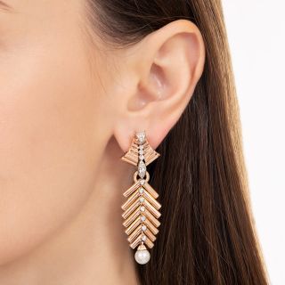 Retro Feather Motif Diamond and Pearl Drop Earrings