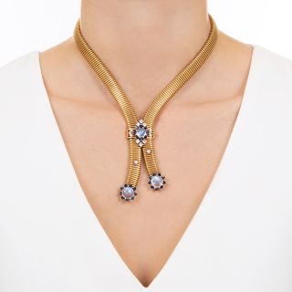 Retro Moonstone, Diamond and Sapphire Slide Necklace 
