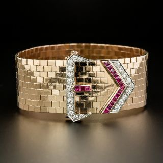 Retro Rose Gold Diamond and Ruby Wide Buckle Bracelet - 3
