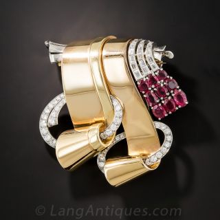 Retro Ruby and Diamond Double Clips/Brooch - 1