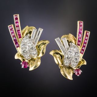Retro Ruby and Diamond Leaf Clip Earrings - 3
