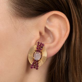 Retro Ruby and Moonstone Earrings