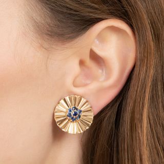 Retro Sapphire Ruffle Clip Earrings