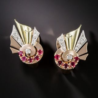 Retro Tri-Color Ruby and Diamond Clip Earrings - 4