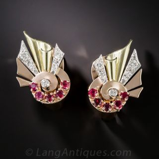 Retro Rose Tri-Color Gold  Ruby and Diamond Earrings - 1