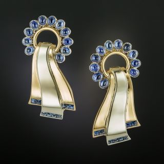 Retro Two-Tone Gold and Sapphire Earrings - 5