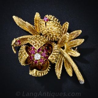 Ruby and Diamond Blossoming Chestnut Flower Brooch