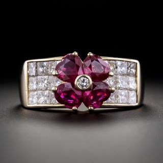 Ruby Flower and Invisibly Set Diamond Ring - 2