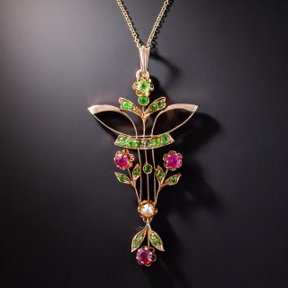 Russian Art Nouveau Demantoid, Synthetic Ruby and Pearl Lavaliere - 1
