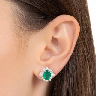 Russian Emerald And Diamond Halo Earrings - GIA