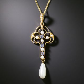 Sapphire and Pearl Drop Necklace by Krementz, Circa 1900 - 2