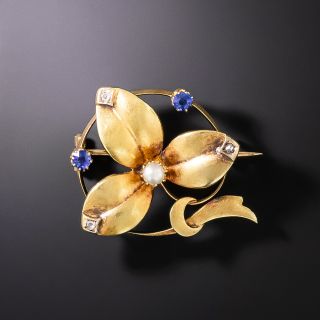 Sapphire, Pearl and Diamond Three-Leaf Clover Pin, Circa 1900 - 2