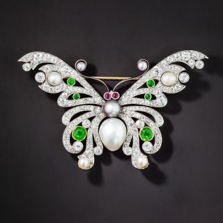 Shreve and Co. Edwardian Natural Pearl, Demantoid and Diamond Butterfly - GIA - 1