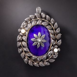 Silver Enamel Pearl and Diamond Wreath Brooch - 1