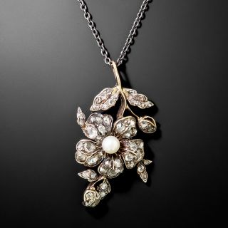 Small Victorian Diamond And Pearl Flower Pendant - 2